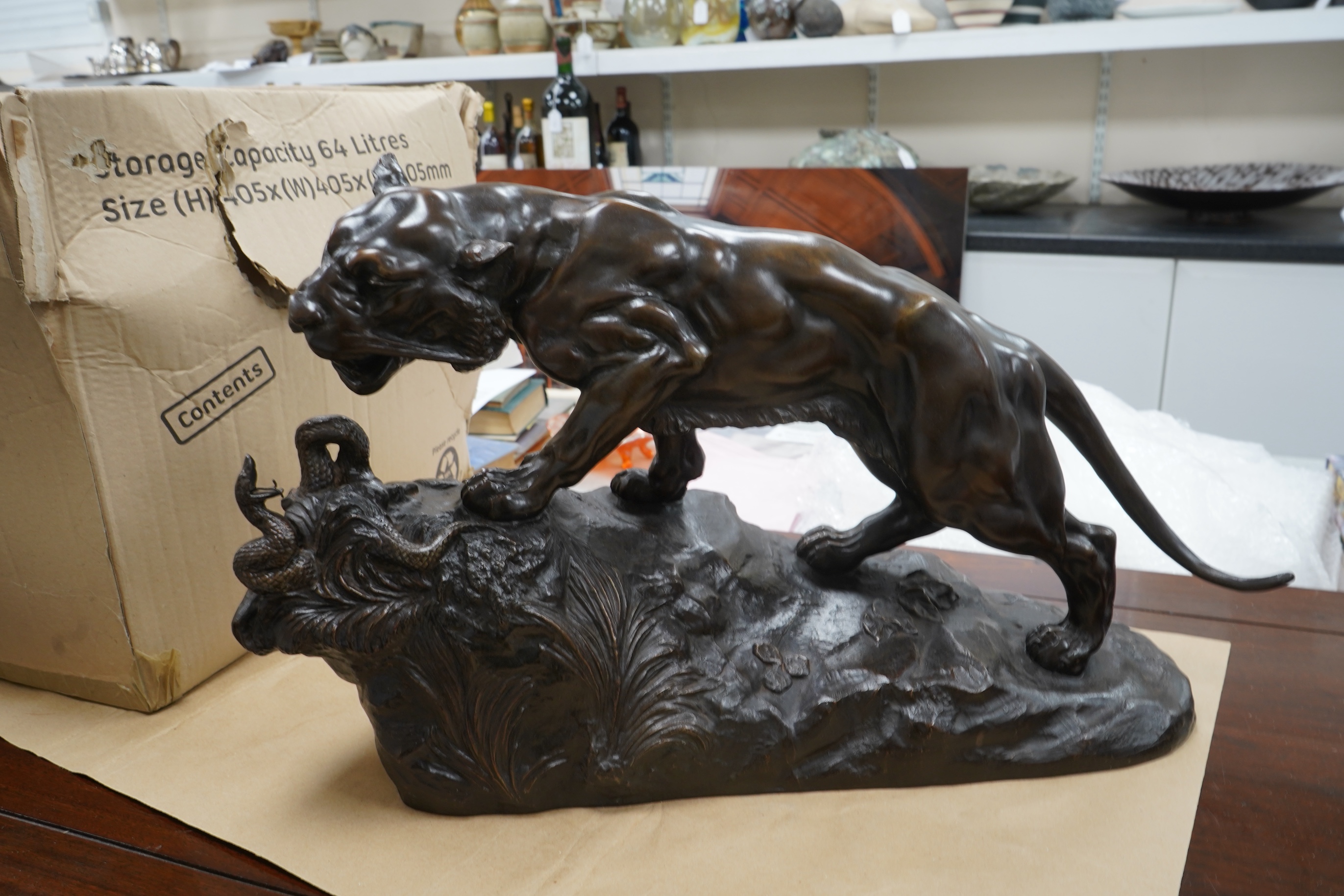 Varnier - Bronzed metal panther and snake, 62cm wide x 36cm high